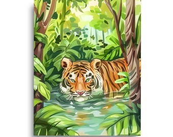 Tiger Watercolor Print, Jungle Wildlife Wall Art, Exotic Animal Poster, Safari Nursery Decor, Big Cat Artwork, Tropical Forest Home Decor