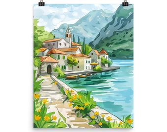 Perast Montenegro Watercolor Print, Adriatic Coastal Wall Art, Old Town Poster, Montenegro Decor, Seaside Travel Artwork, European Decor