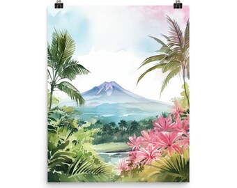 Mauna Loa Hawaii Watercolor Print, Tropical Volcano Island Landscape Poster