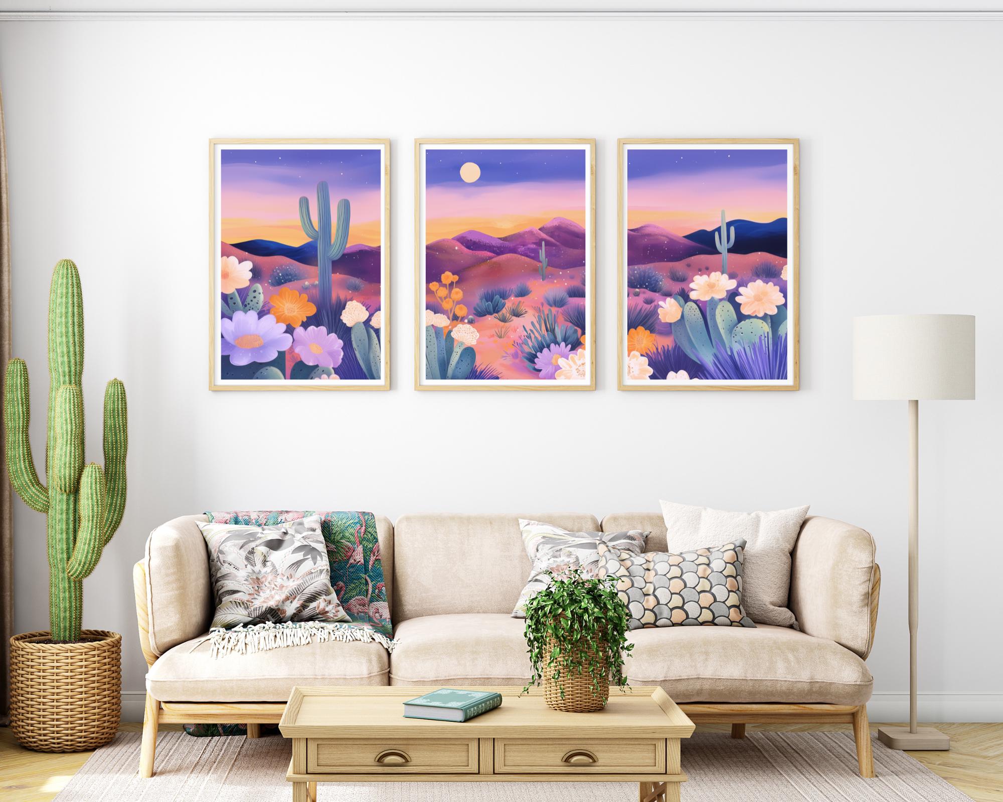 Desert Sunset Set of 3 Watercolor Prints, Nature Wall Art, Triptych ...