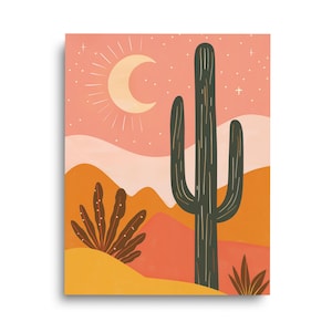Bohemian Rainbow Desert Print | Cactus Wall Art | Boho Home Decor | Abstract Desert Landscape Artwork | Southwest Poster | Crescent Moon Art