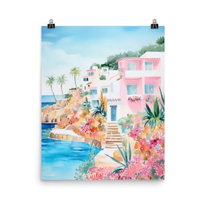 May include: A watercolor painting of a pink and white house on a cliff overlooking a blue ocean. The house has a white door and a stone staircase leading down to the water. There are palm trees and flowers in the foreground.