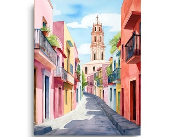 Guanajuato Mexico Watercolor Print, Colonial Cityscape Wall Art