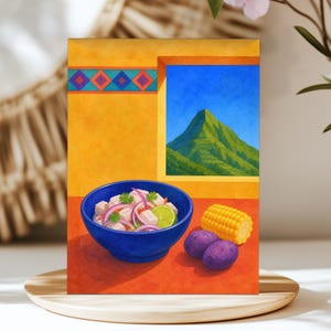 May include: A vibrant illustration of a blue bowl filled with ceviche containing white fish, red onion slices, and lime wedges. Beside the bowl are two purple potatoes and a yellow corn cob. The background shows a mountain view through a window.