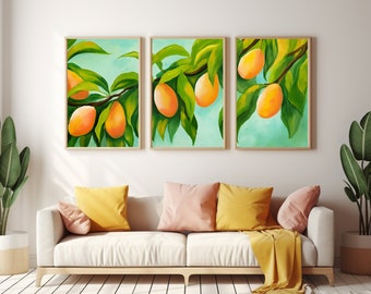 Mango Branch Set of 3 Watercolor Print Canvas, Kitchen Wall Art, Tropical Fruit Decor, Botanical Triptych