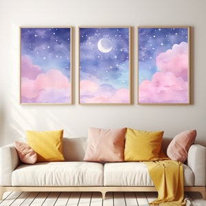 Celestial Sky Watercolor Print | Set of 3 | Night Sky Wall Art | Stars Painting | Starry Sky Poster | Tryptich | Pink Clouds Decor |  Dreamy