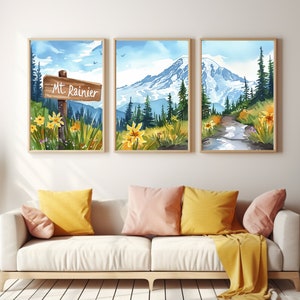 Mount Rainier Watercolor Print | Set of 3 | Washington State Gift | Pacific Northwest | Mountain Landscape | Volcano | Alpine | Nature Decor