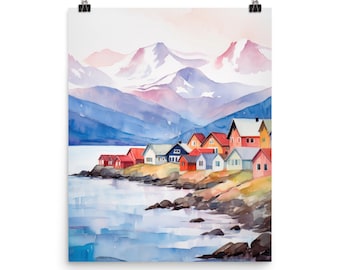 Ushuaia Watercolor Print, Patagonia Coastal Mountain Landscape Wall Art, South America Poster, Tierra del Fuego Seaside Artwork, Argentina