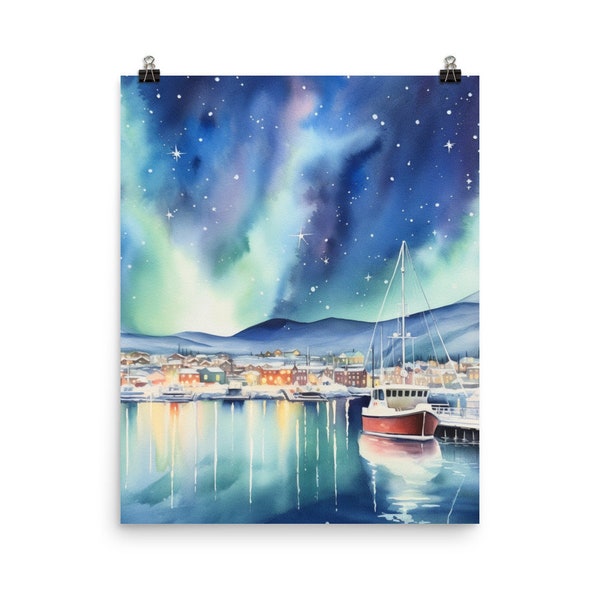 Tromso Watercolor Print | Northern Lights Travel Gift | Norway Art | Norwegian Aurora | Scandinavian Landscape Decor | Natural Phenomenon