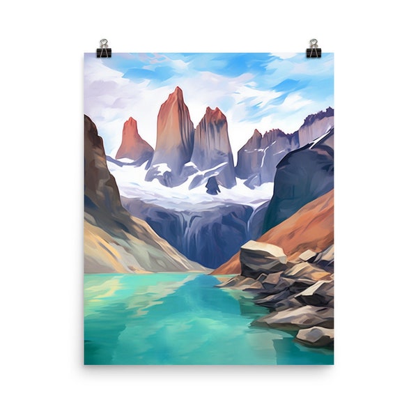 Torres Del Paine Watercolor Print | Chile Gift | Patagonia | Lakeside Poster | Mountain Landscape | Chilean Decor | Chile Wall Art | Alpine