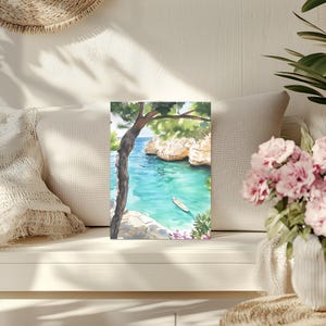 May include: Watercolor painting of a serene coastal scene. Turquoise water, rocky cliffs, and a small boat are visible. A tree frames the view, with lush greenery and a glimpse of blue sky. The artwork evokes a sense of tranquility.