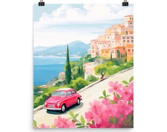 Amalfi Coast Watercolor Print, Retro Italian Car, Positano Coastal Road Art, Europe Travel Wall Art