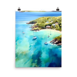 St John Watercolor Print | US Virgin Islands Travel Gift | Tropical Island Decor | Turquoise Water | Coastal Landscape Art | Seascape