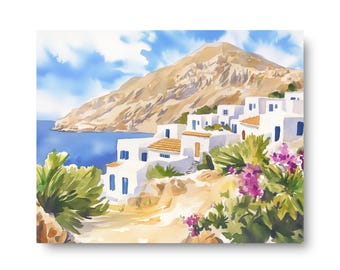 Folegandros Greece Watercolor Print Canvas, Aegean Coastal Wall Art, Greek Island Travel Decor