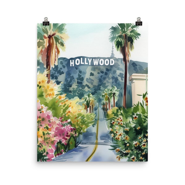 Hollywood Watercolor Print | California Travel Gift | Los Angeles Wall Art | LA Poster | SoCal | Palm Trees Art | Californian Street Decor