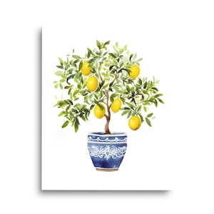 May include: A watercolor painting of a lemon tree in a blue and white patterned pot. The tree has green leaves and yellow lemons.