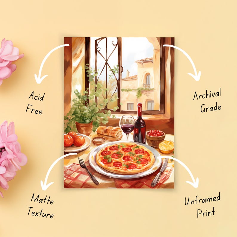 Puede incluir: Una pintura de una pizza con pepperoni rojo y pimientos verdes sobre una mesa con una copa de vino tinto y una botella de vino. La pintura est&aacute; ambientada en una habitaci&oacute;n con una ventana que da a una ciudad.