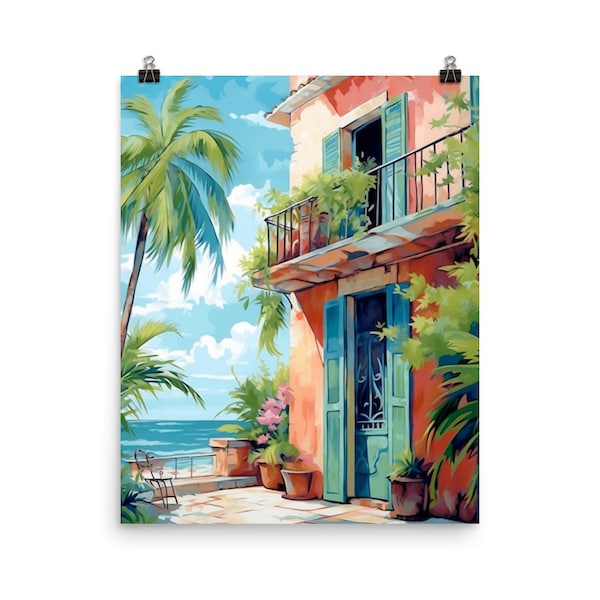 Havana Watercolor Print | Cuba Travel Gift | Cuban Wall Art | Caribbean Island Home Decor | Colorful House | Palm Tree | Seaside Poster