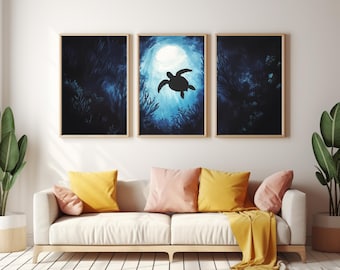 Sea Turtle Watercolor Print Set of 3, Underwater Marine Life Wall Art, Ocean Nature Decor, Aquatic Animal Artwork, Seaside Poster