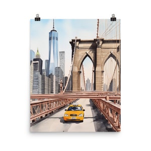 Brooklyn Bridge Watercolor Print | NYC Travel Gift | New York City Wall Art | Taxi Art | Freedom Tower | World Trade Center | US Cityscape