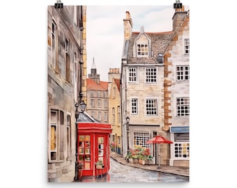 Edinburgh Watercolor Print, Historic Street Art, Scottish City Decor