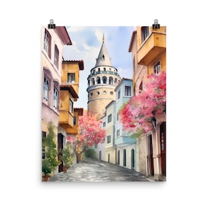 Galata Tower Watercolor Print: Istanbul Turkish Art