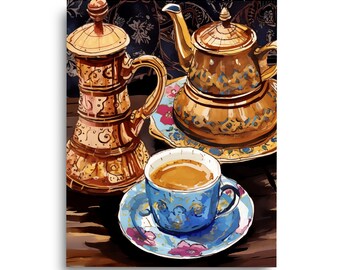 Turkish Coffee Watercolor Print, Kettle and Cup, Istanbul Decor