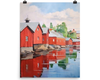 Porvoo Watercolor Print | Finland Gift | Finnish Decor| Uusimaa | Scandinavia Cityscape | Finland Poster | Red House Art | Europe Painting