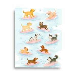 Dogs on Surfboards Watercolor Print, Beach Dog Wall Art, Hawaiian Surfing Pet Poster, Summer Coastal Decor, Cute Dog Lover Artwork, Ocean