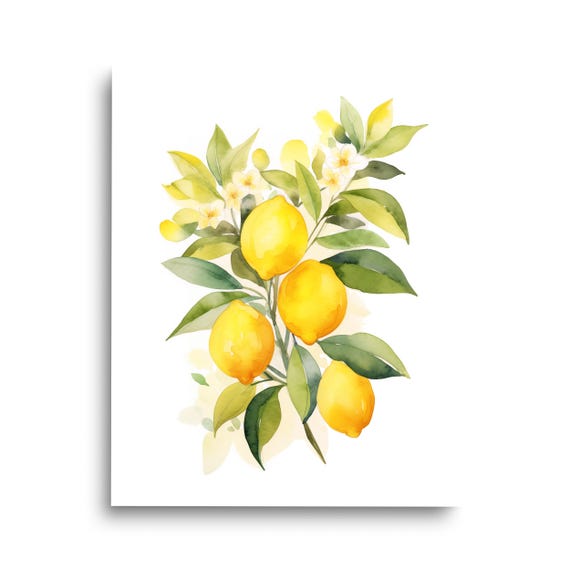 Watercolor Lemons Print, Italian Farmhouse Kitchen Decor, Mediterranean Fruit Wall Art, Lemon Tree Poster, Country Home Illustration