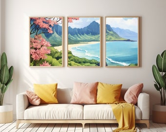 NaPali Coast Set of 3 Watercolor Prints, Coastal Travel Wall Art, Triptych Print Set