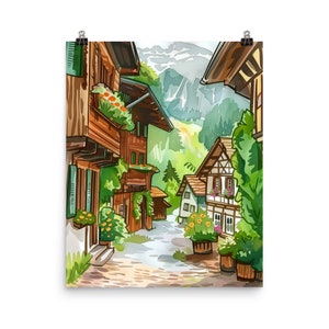 Brienz Watercolor Print | Switzerland Travel Gift | Swiss Wall Art | Alpine Landscape Decor | Mountain Village | Chalet Art | Europe Poster