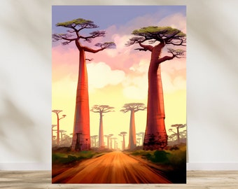 Baobabs Watercolor Print, Madagascar Landscape Wall Art, African Sunset Tree Poster, Exotic Nature Decor