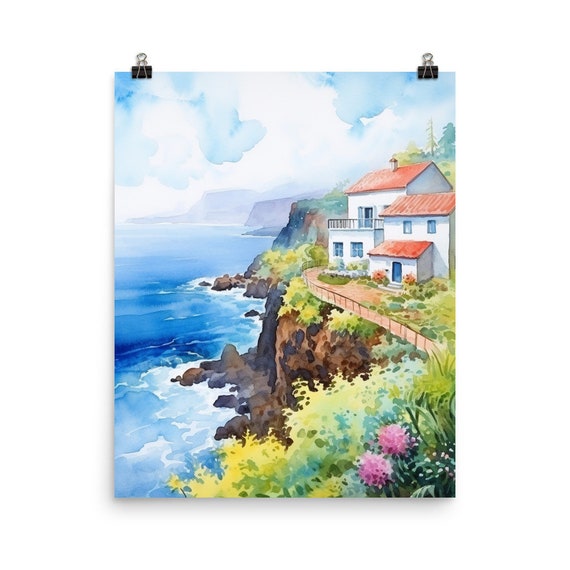 Madeira Coastline Watercolor Print, Portugal Wall Art, Atlantic Island Poster, Coastal Landscape Artwork, European Travel Decor, Cliffside
