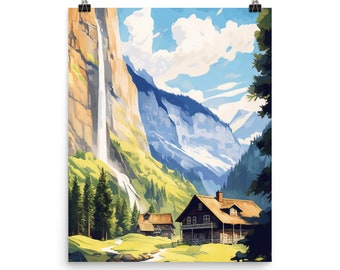 Lauterbrunnen Waterfall Watercolor Print | Switzerland Travel Gift | Alpine Landscape | Swiss Alps | Jungfrau | Cascading Mountain | Europe