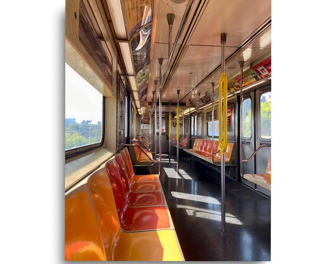 NYC Inspired Subway Interior Print, Empty Orange Red Seats and Sunlit Train Windows, Retro Transit Wall Art