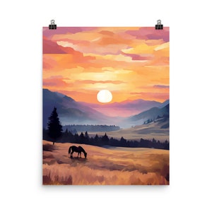 May include: A digital painting of a sunset over a mountain range with a single horse grazing in a field in the foreground.