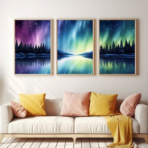 Northern Lights Watercolor Print | Set of 3 | Aurora Borealis | Night Sky Wall Art | Natural Phenomenon | Nightscape | Celestial Poster