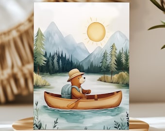 Bear Canoe Adventure Nursery Print, Woodland Mountain Art on Paper or Canvas