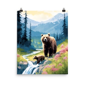 Katmai National Park Watercolor Print | Alaska Wall Art | Alaskan Landscape Painting | America | Brooks Falls | Brown Bear Portrait | Gift