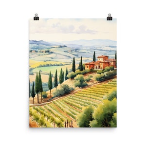 Tuscany Vineyard Watercolor Print: Italian Landscape Art