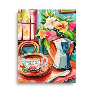 May include: A colourful still life painting of a coffee cup with the words "Puerto Rico" on it, a coffee pot, and a bouquet of flowers in a vase. The table is set with a spoon and a colourful placemat.