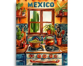 Mexican Kitchen Watercolor Print, Foodie Travel Poster