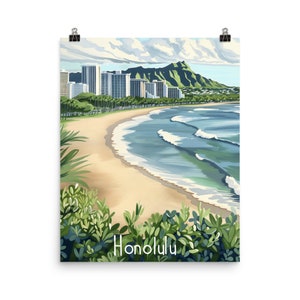 Honolulu Watercolor Print, Hawaii Coastal Cityscape Wall Art, Tropical Oahu Poster, Hawaiian Islands Travel Decor, Pacific Ocean Home Art
