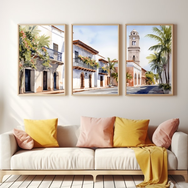 Santo Domingo Watercolor Print Set of 3, Caribbean Colonial Architecture Wall Art, Dominican Travel Poster, Old Town Cityscape Artwork