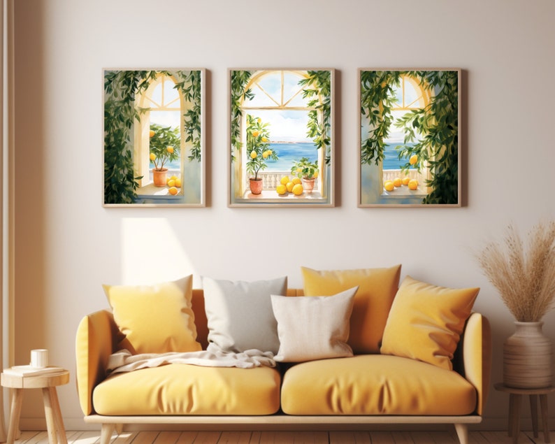 May include: Three framed watercolor paintings of windows with views of the ocean and lemon trees. The windows are open and the ocean is visible in the distance. The lemon trees are in pots and have green leaves and yellow lemons.