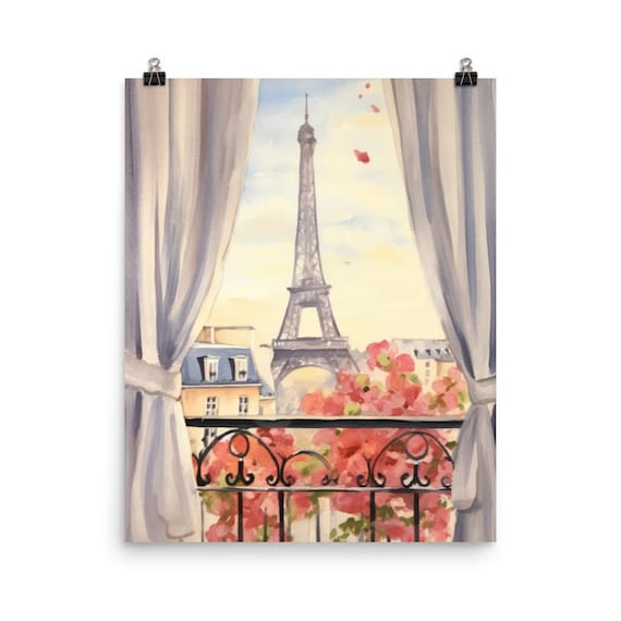 Eiffel Tower Canvas Print, Paris Balcony View with Curtains and Pink Flowers