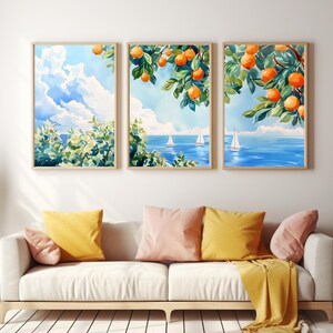 Citrus Dreams Watercolor Print | Set of 3 | Oranges Wall Art | Sailboat Decor | Seaside Painting | Coastal Poster | Seascape | Mediterranean