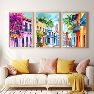 Puerto Rico Watercolor Print | Set of 3 | Caribbean Gift | Puerto Rican Wall Art | Tropical Cityscape Decor | San Juan | Colorful Houses Art