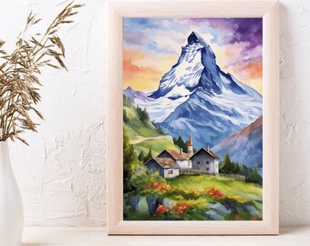 Matterhorn Watercolor Print | Switzerland Wall Art | Alps